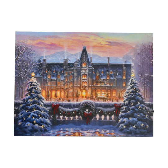 Winterliches Schloss im Lichterglanz - Leinwandbild mit LED-Beleuchtung, Größe: 30x40x1,8 cm, betrieben mit 1 AA-Batterie
