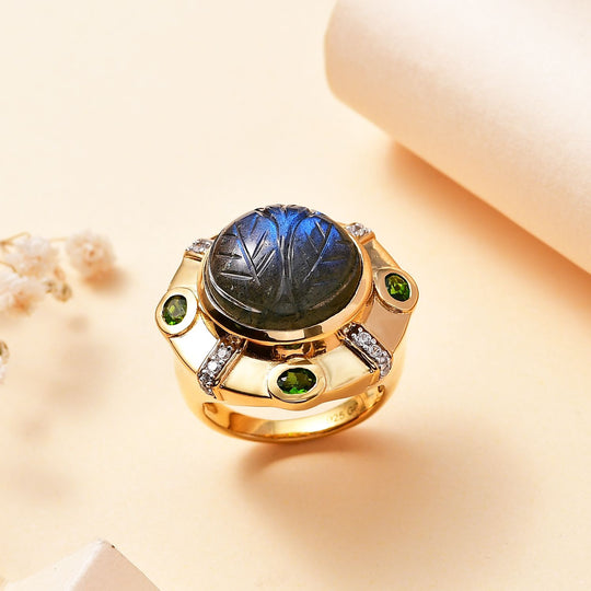 GP Italienische Garten Kollektion - Labradorit, Natürlicher Chromdiopsid Ring 925 Silber 750 Gelbgold Vermeil (Größe 19.00) ca. 13.06 ct