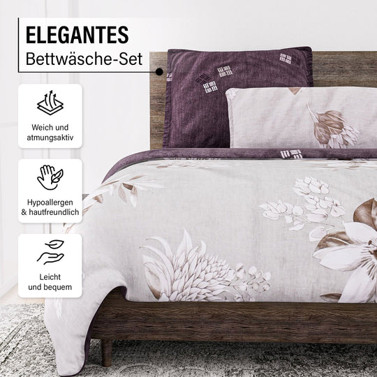 6-teiliges Bettwäsche-Set - bedruckter Floralmuster, Mikrofaser, Bettbezug 135x200 cm (2 Stück), Kissenbezug 40x80 cm (2 Stück) und 80x80 cm (2 Stück), beige