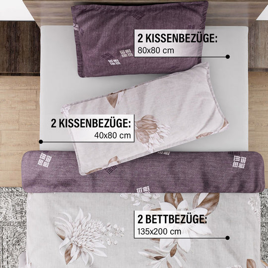 6-teiliges Bettwäsche-Set - bedruckter Floralmuster, Mikrofaser, Bettbezug 135x200 cm (2 Stück), Kissenbezug 40x80 cm (2 Stück) und 80x80 cm (2 Stück), beige