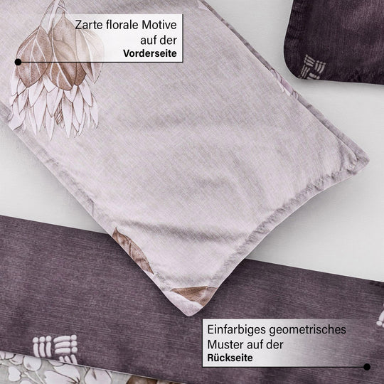 6-teiliges Bettwäsche-Set - bedruckter Floralmuster, Mikrofaser, Bettbezug 135x200 cm (2 Stück), Kissenbezug 40x80 cm (2 Stück) und 80x80 cm (2 Stück), beige