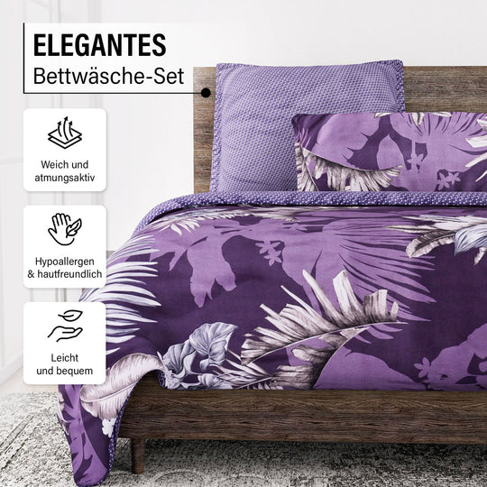 6-teiliges Bettwäsche-Set - bedruckter Floralmuster, Mikrofaser, Bettbezug 135x200 cm (2 Stück), Kissenbezug 40x80 cm (2 Stück) und 80x80 cm (2 Stück), Braun