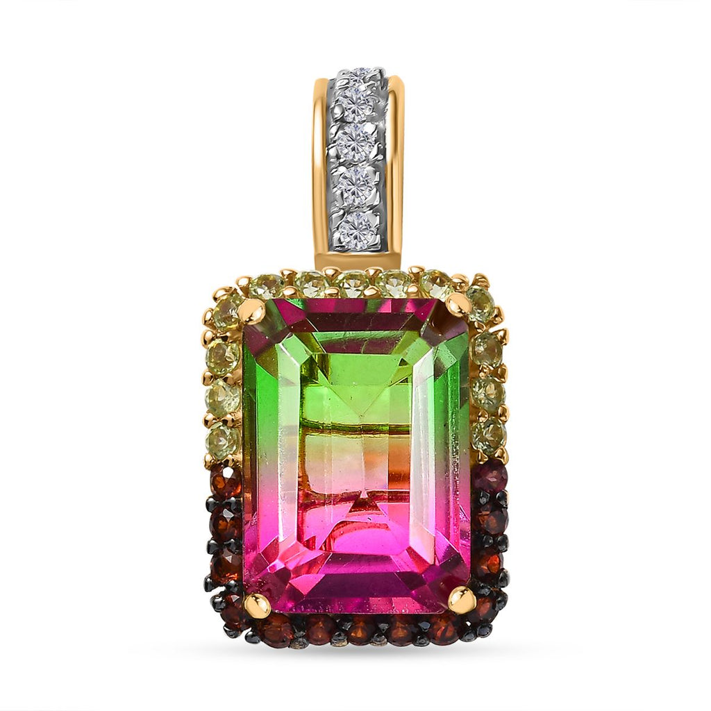 Wassermelonen Quarz Triplette, Weißer Zirkon Anhänger 925 Silber 750 Gelbgold Vermeil ca. 8.83 ct