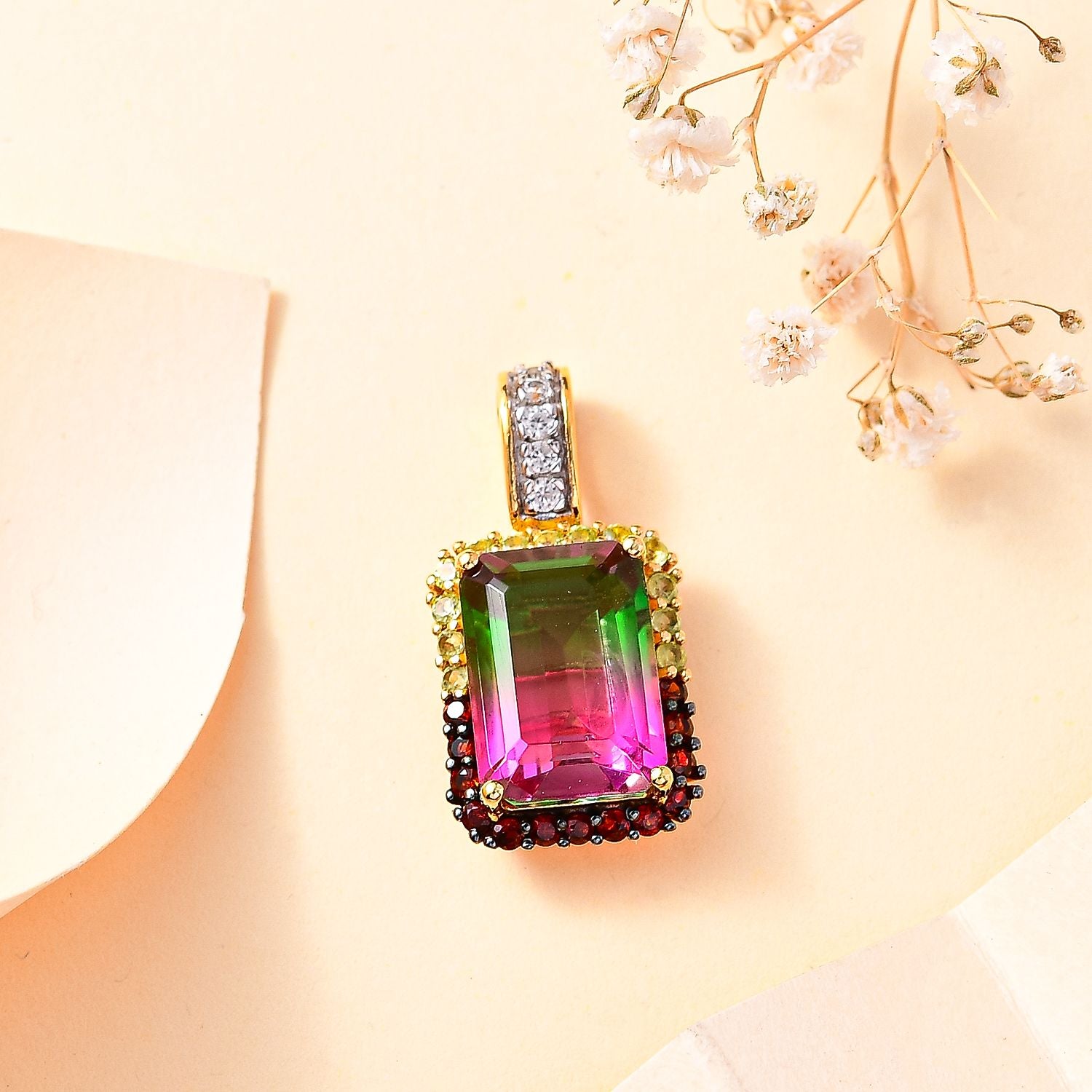 Wassermelonen Quarz Triplette, Weißer Zirkon Anhänger 925 Silber 750 Gelbgold Vermeil ca. 8.83 ct