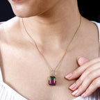 Wassermelonen Quarz Triplette, Weißer Zirkon Anhänger 925 Silber 750 Gelbgold Vermeil ca. 8.83 ct