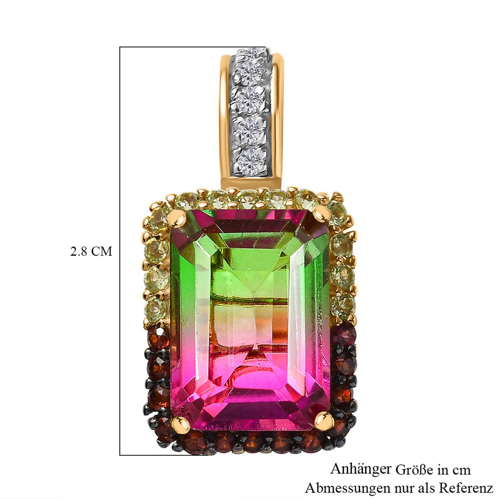 Wassermelonen Quarz Triplette, Weißer Zirkon Anhänger 925 Silber 750 Gelbgold Vermeil ca. 8.83 ct
