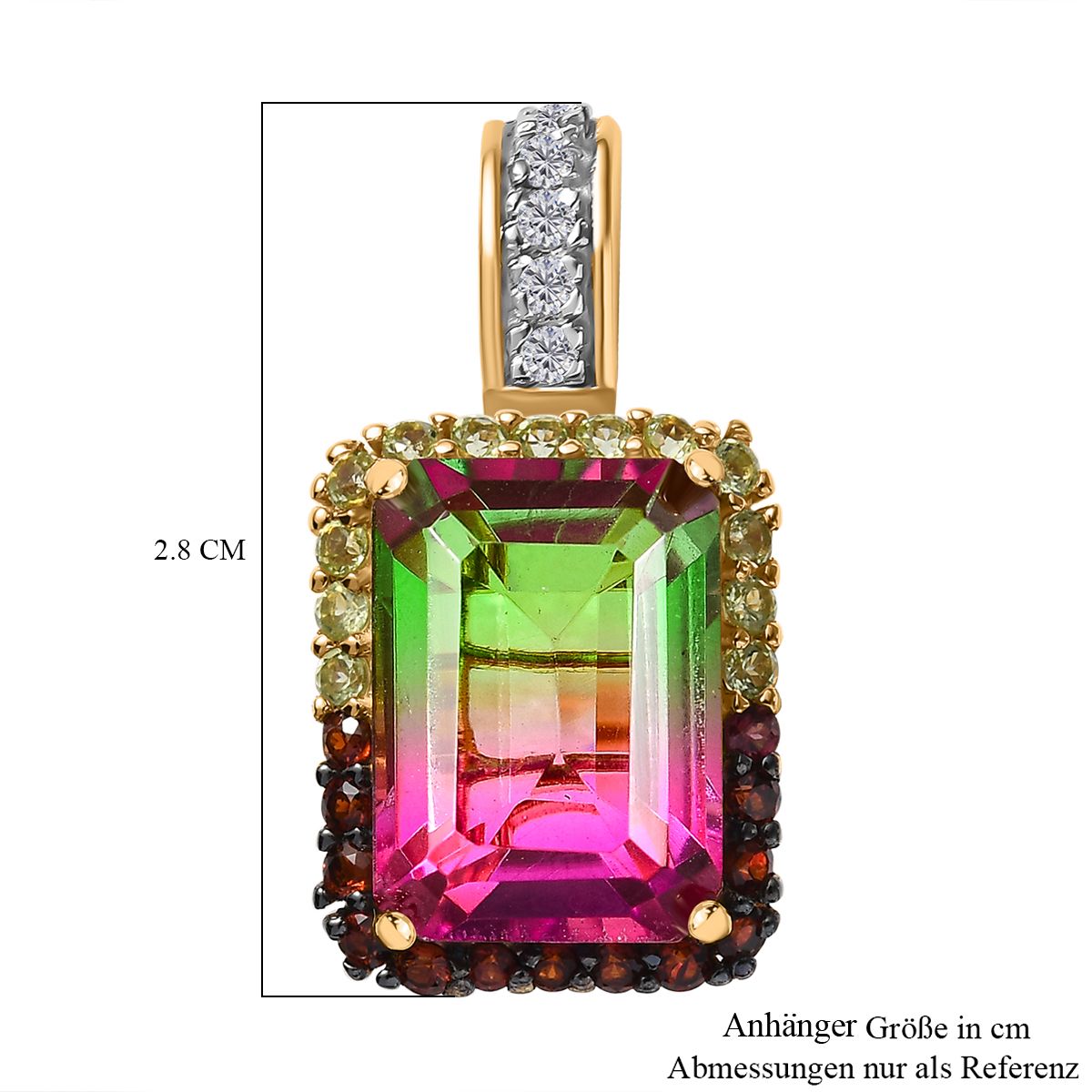 Wassermelonen Quarz Triplette, Weißer Zirkon Anhänger 925 Silber 750 Gelbgold Vermeil ca. 8.83 ct