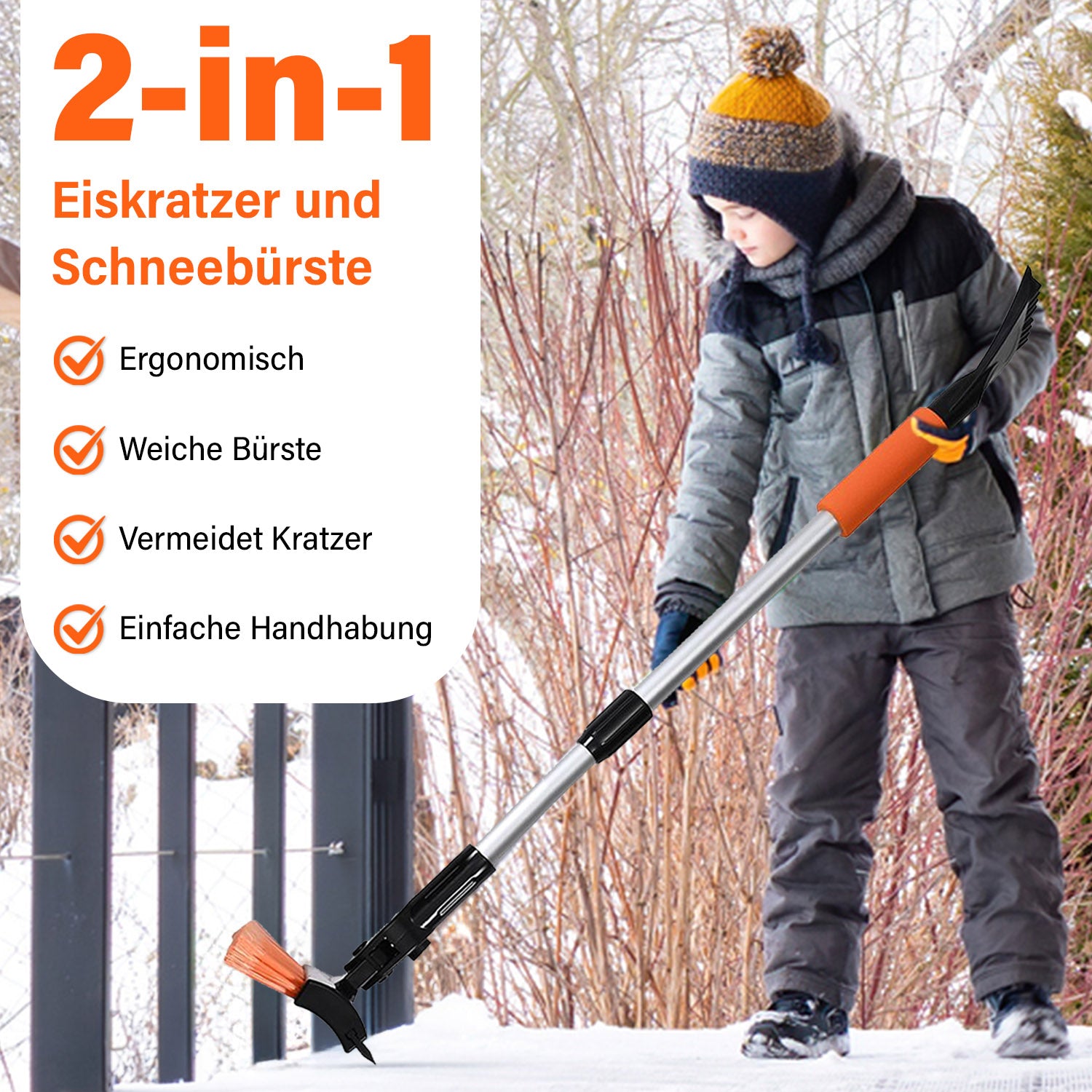 Ausziehbare Schneebürste mit verlängerbarem Griff, 80-114 cm, drehbarer Bürstenkopf, Schneeschaufel und Eiskratzer, robustes Design