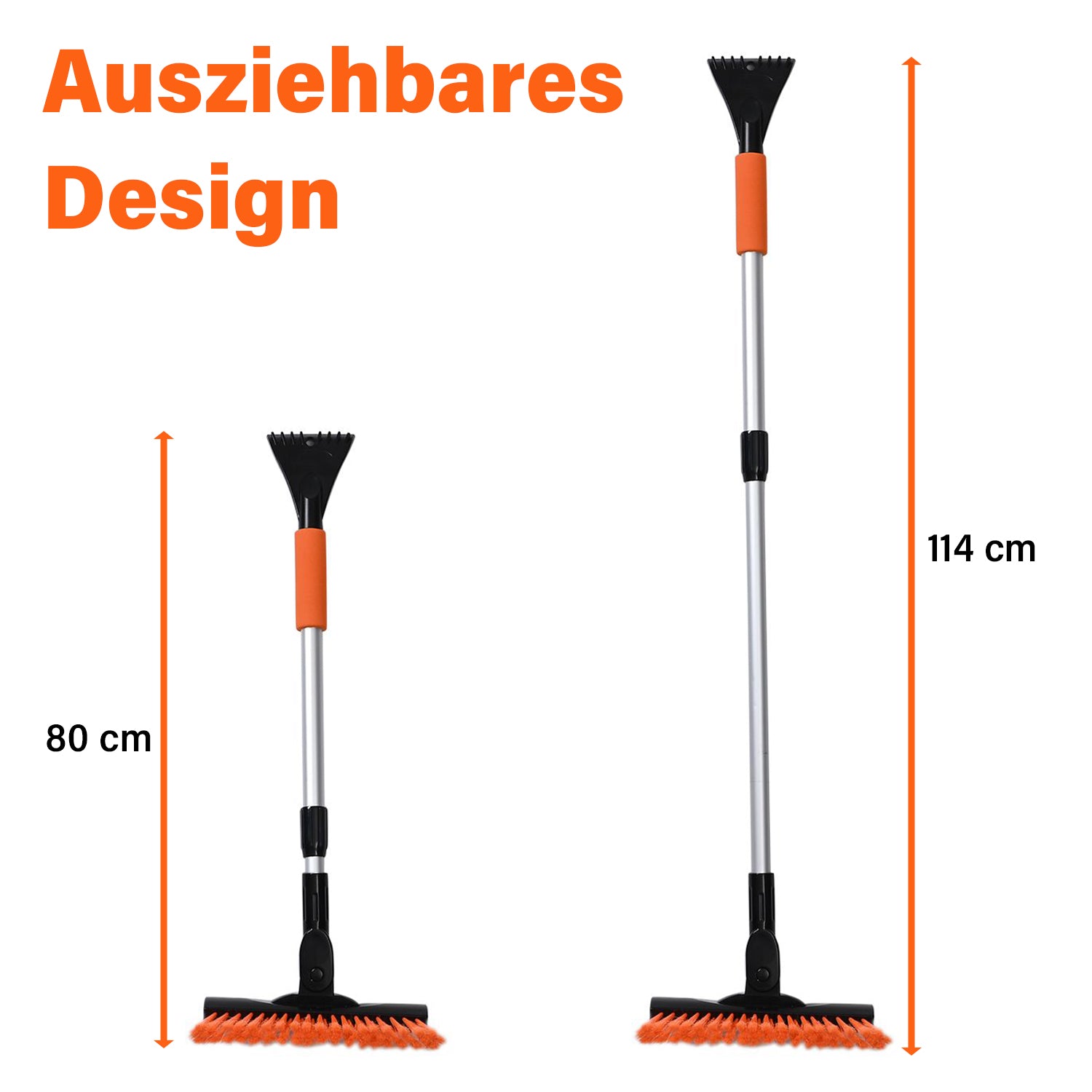 Ausziehbare Schneebürste mit verlängerbarem Griff, 80-114 cm, drehbarer Bürstenkopf, Schneeschaufel und Eiskratzer, robustes Design
