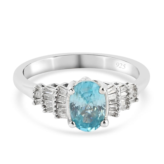 Kambodschanischer, blauer Zirkon und Diamant-Ring, 925 Silber platiniert (Größe 16.00) ca. 1,38 ct