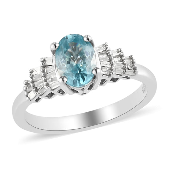 Kambodschanischer, blauer Zirkon und Diamant-Ring, 925 Silber platiniert (Größe 16.00) ca. 1,38 ct