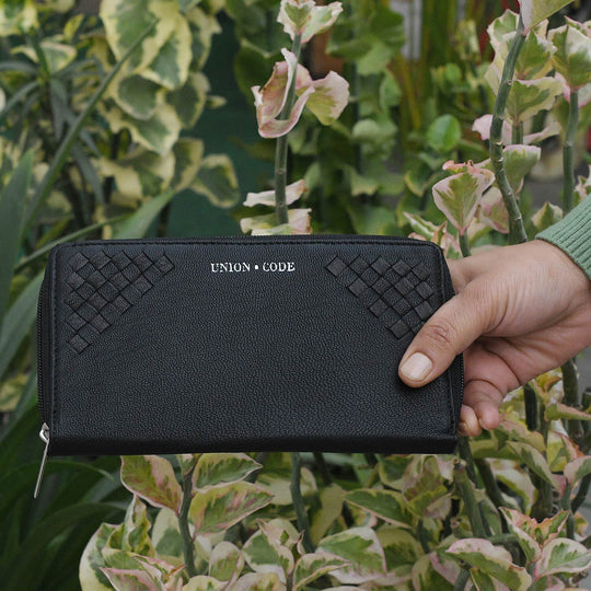 CLOSE OUT - UNION CODE: 100% Echtleder Brieftasche mit Krokoprägung und RFID schutz, 19x12 cm, schwarz