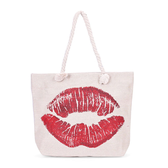 Große Lifestyle-Tragetasche Beige mit Rosa Blumen-Print - Jute-Außenseite, 42x34x9x37cm