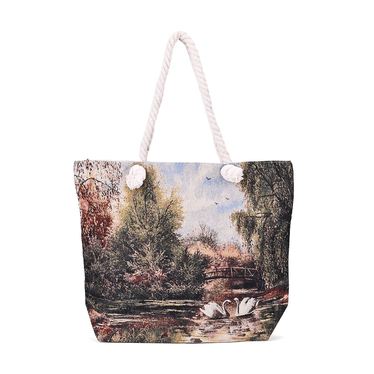 Jacquardgewebte Tasche aus Jute mit Futter, Reißverschluss und verstellbarer Kordel Riemen, 42 x 37 x 34 cm, Schwäne