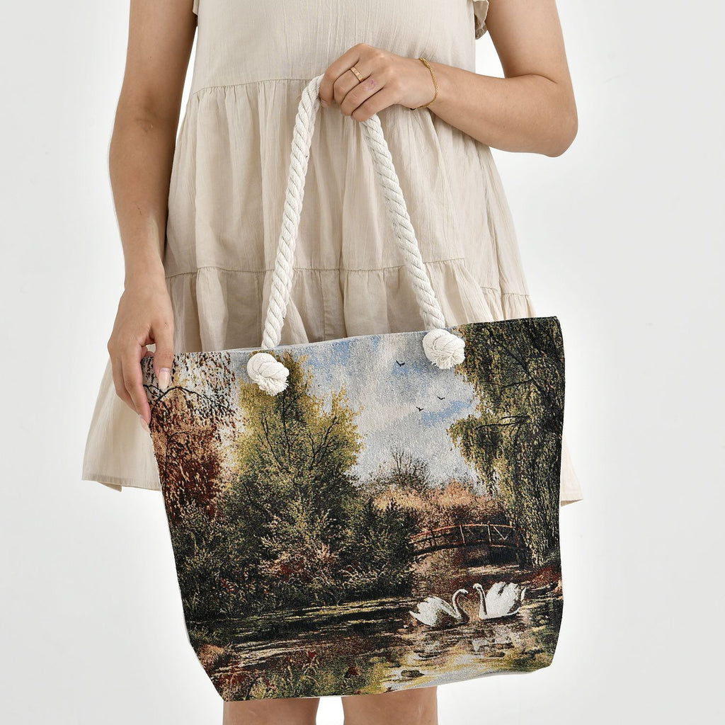 Jacquardgewebte Tasche aus Jute mit Futter, Reißverschluss und verstellbarer Kordel Riemen, 42 x 37 x 34 cm, Schwäne