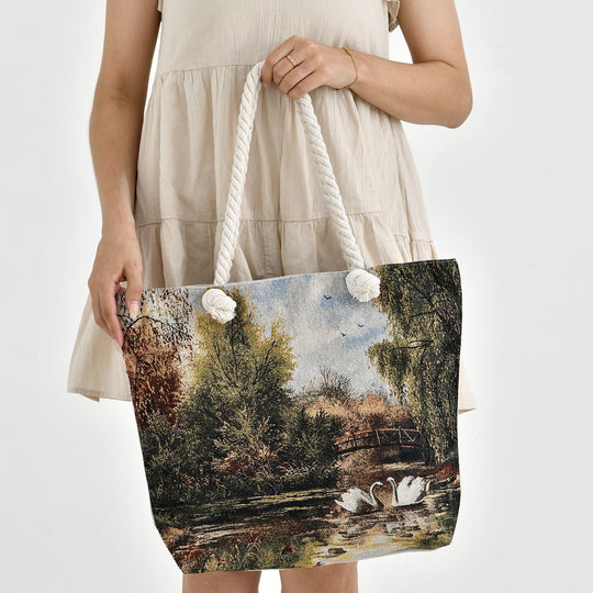 Jacquardgewebte Tasche aus Jute mit Futter, Reißverschluss und verstellbarer Kordel Riemen, 42 x 37 x 34 cm, Schwäne