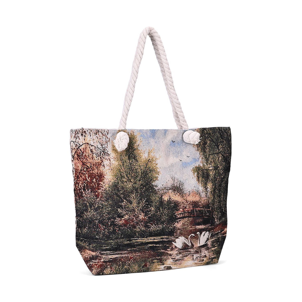 Jacquardgewebte Tasche aus Jute mit Futter, Reißverschluss und verstellbarer Kordel Riemen, 42 x 37 x 34 cm, Schwäne