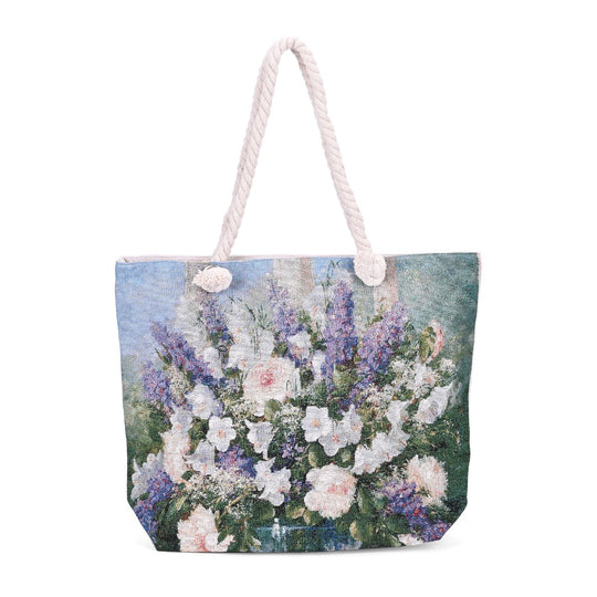 Große Lifestyle-Tragetasche Beige mit Rosa Blumen-Print - Jute-Außenseite, 42x34x9x37cm
