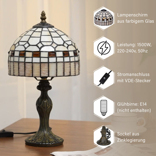 Handgefertigte Tiffany Tischlampe mit filigranem, mehrfarbigem Glockenform-Glas-Schirm - Klassisches Antik-Design mit stabilem Zinklegierungsfuß in Kaffeeoptik, 20x20x37 cm (Glühbirne nicht enthalten)