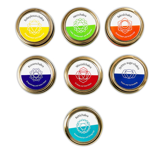 7er Set Chakra Duftkerzen - Mit Edelsteinen, Aromatherapie, Vanille, Jasmin, Rose und Zitronengras, 45 g, 10 Std. Brenndauer