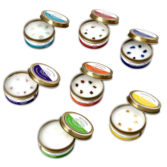 7er Set Chakra Duftkerzen - Mit Edelsteinen, Aromatherapie, Vanille, Jasmin, Rose und Zitronengras, 45 g, 10 Std. Brenndauer