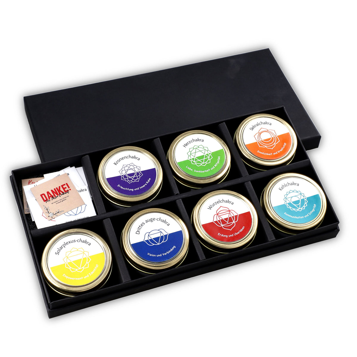 7er Set Chakra Duftkerzen - Mit Edelsteinen, Aromatherapie, Vanille, Jasmin, Rose und Zitronengras, 45 g, 10 Std. Brenndauer