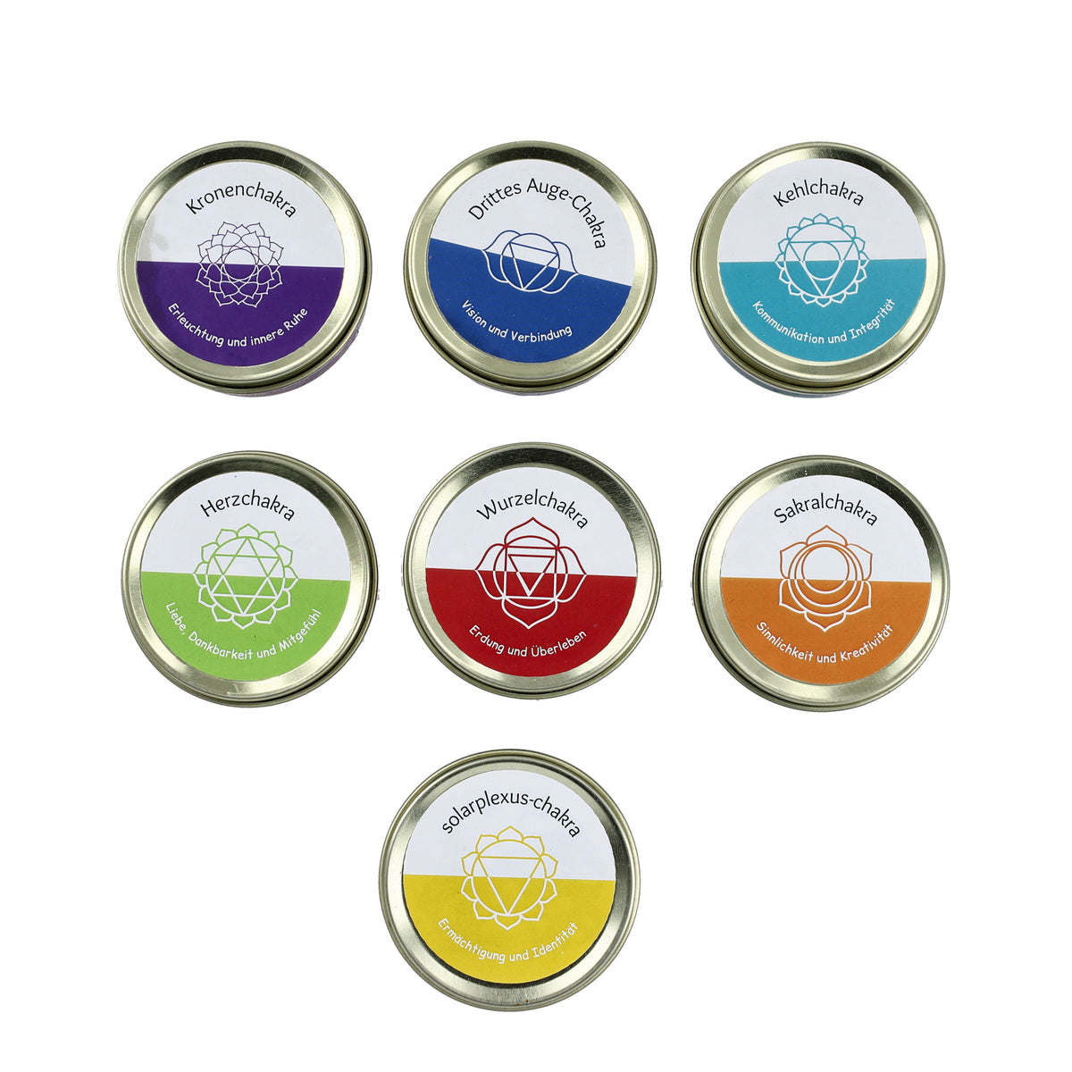 7er Set Chakra Duftkerzen - Mit Edelsteinen, Aromatherapie, Vanille, Jasmin, Rose und Zitronengras, 45 g, 10 Std. Brenndauer