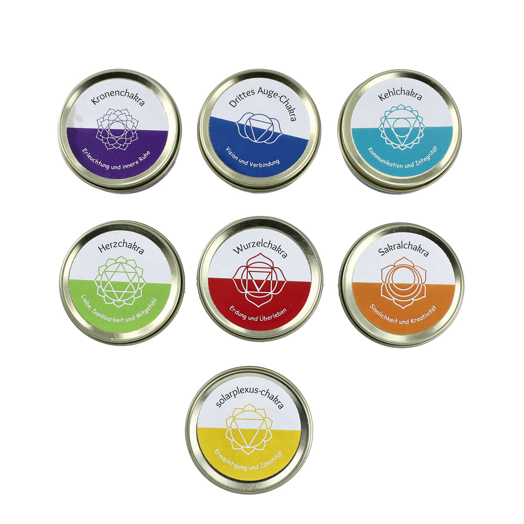 7er Set Chakra Duftkerzen - Mit Edelsteinen, Aromatherapie, Vanille, Jasmin, Rose und Zitronengras, 45 g, 10 Std. Brenndauer