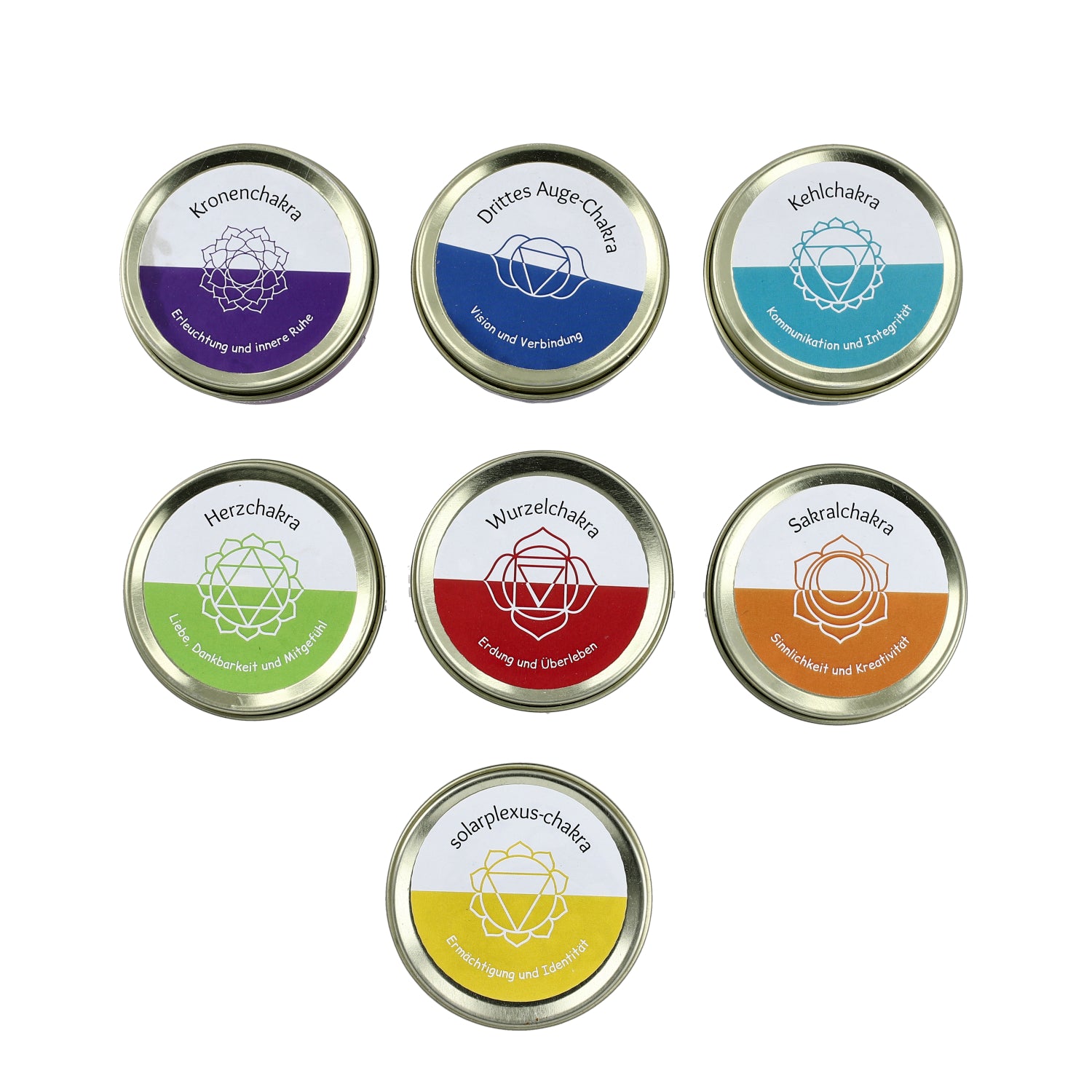 7er Set Chakra Duftkerzen - Mit Edelsteinen, Aromatherapie, Vanille, Jasmin, Rose und Zitronengras, 45 g, 10 Std. Brenndauer