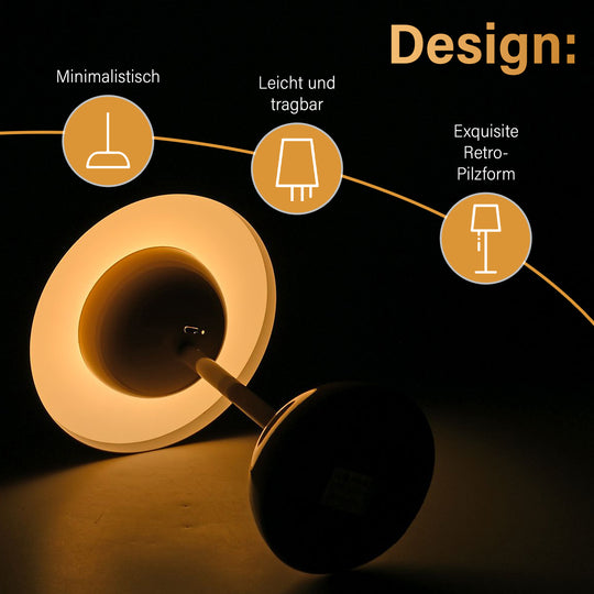 Kabellose Tischlampe - Minimalistisches Pilzdesign, Touch-Steuerung, tragbar mit 1800mAh-Akku für 4-6 Stunden, inkl. Typ-C-Kabel,  16 x 30 cm, Gelb