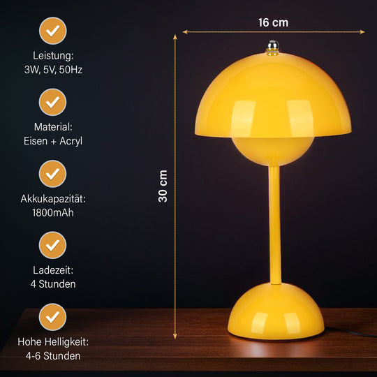 Kabellose Tischlampe - Minimalistisches Pilzdesign, Touch-Steuerung, tragbar mit 1800mAh-Akku für 4-6 Stunden, inkl. Typ-C-Kabel,  16 x 30 cm, Gelb