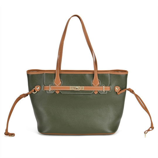 life-style:Genuine Leather Tote bag Color: Green with brown L:41*W:15*H:26cm ,Handle drop:22CM  Wall: Genuine Leather Lining: Polyester Exterior:zipped-1,  Interior: slip-1,zipped-1