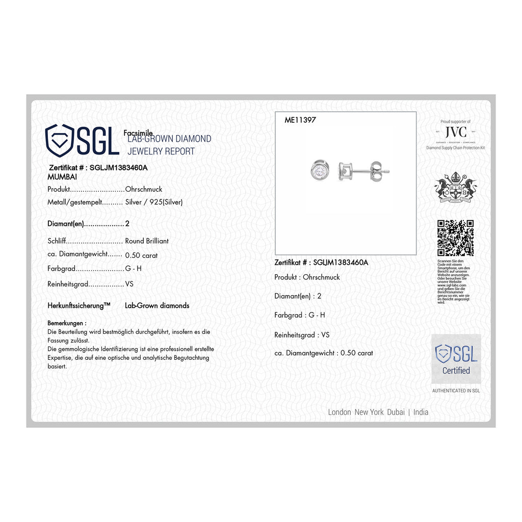 Im Labor gewachsener Diamant VS Ohrringe 925 Silber rhodiniert ca. 0,50 ct.