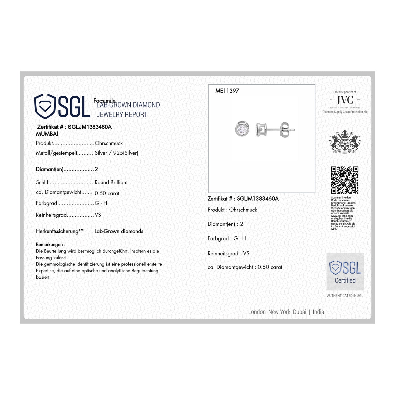 Im Labor gewachsener Diamant VS Ohrringe 925 Silber rhodiniert ca. 0,50 ct.