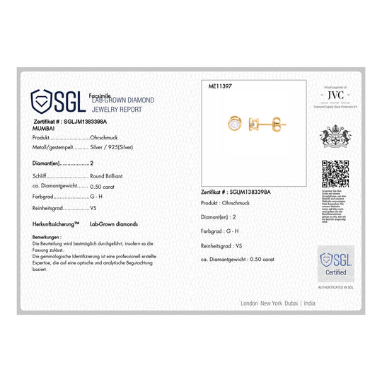 LUXURIANT DIAMOND - Lab Grown SGL zertifiziert Diamant VS-GH Ohrringe 925 Silber vergoldet ca. 0.50 ct
