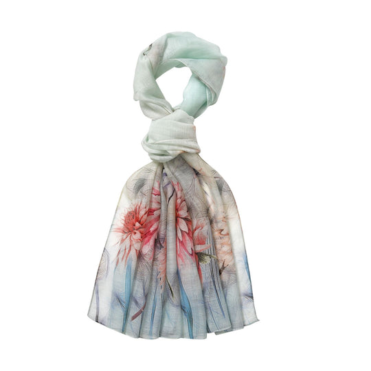 LA MAREY printed scarfMaterial:70% merino wool 30% mulberry silksize::70cm*190cmWeight : 57gyelow besed with red floral