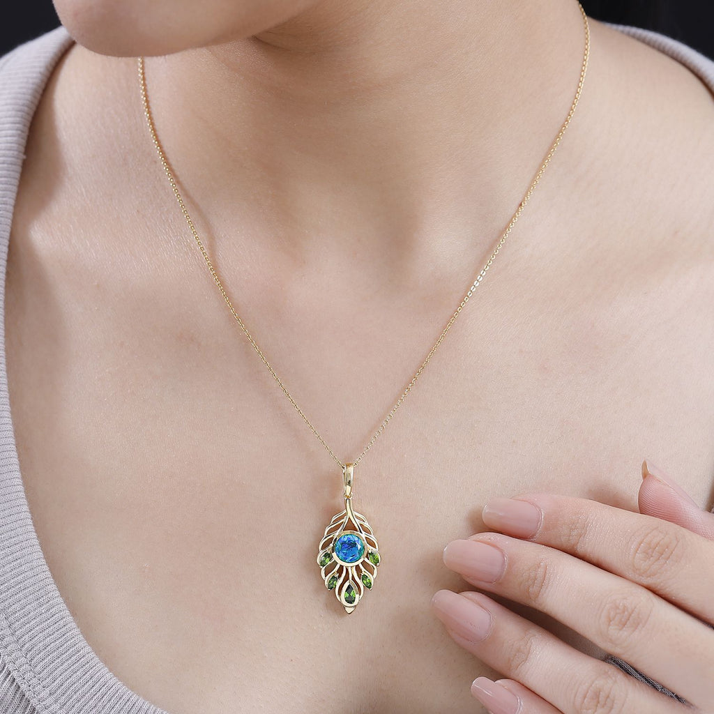 Pfau Quarz Triplette, Natürlicher Chromdiopsid Anhänger 925 Silber 750 Gelbgold Vermeil ca. 2.02 ct