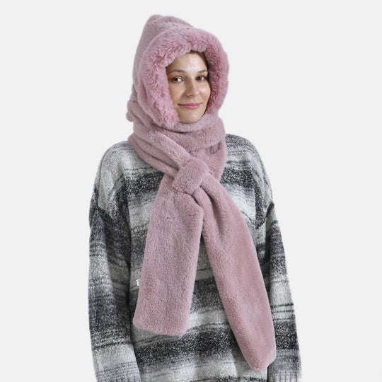 Superweicher 2-in-1-Langschal und Mütze aus hochwertigem Kunstfell, rosa