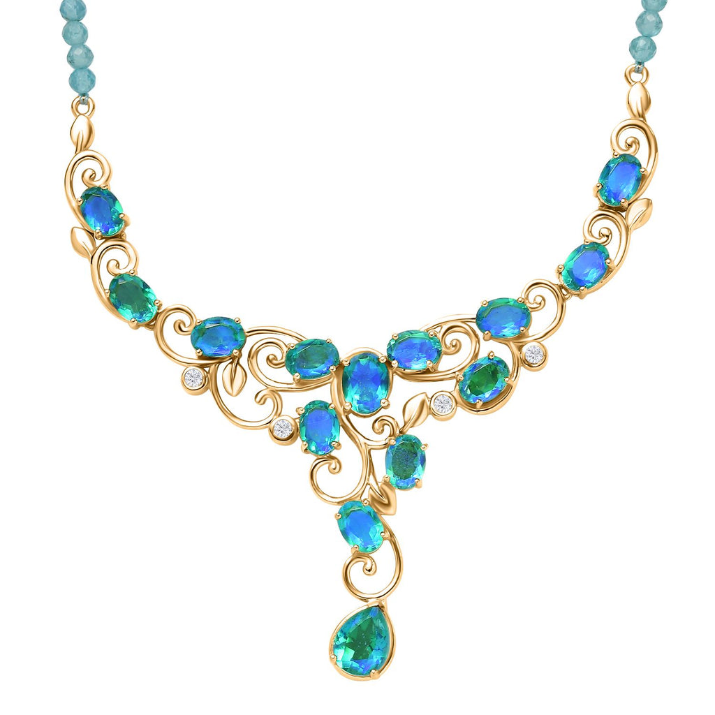 Pfau Quarz Triplette Halskette ca. 45 cm 925 Silber 750 Gelbgold Vermeil ca. 57,03 ct.