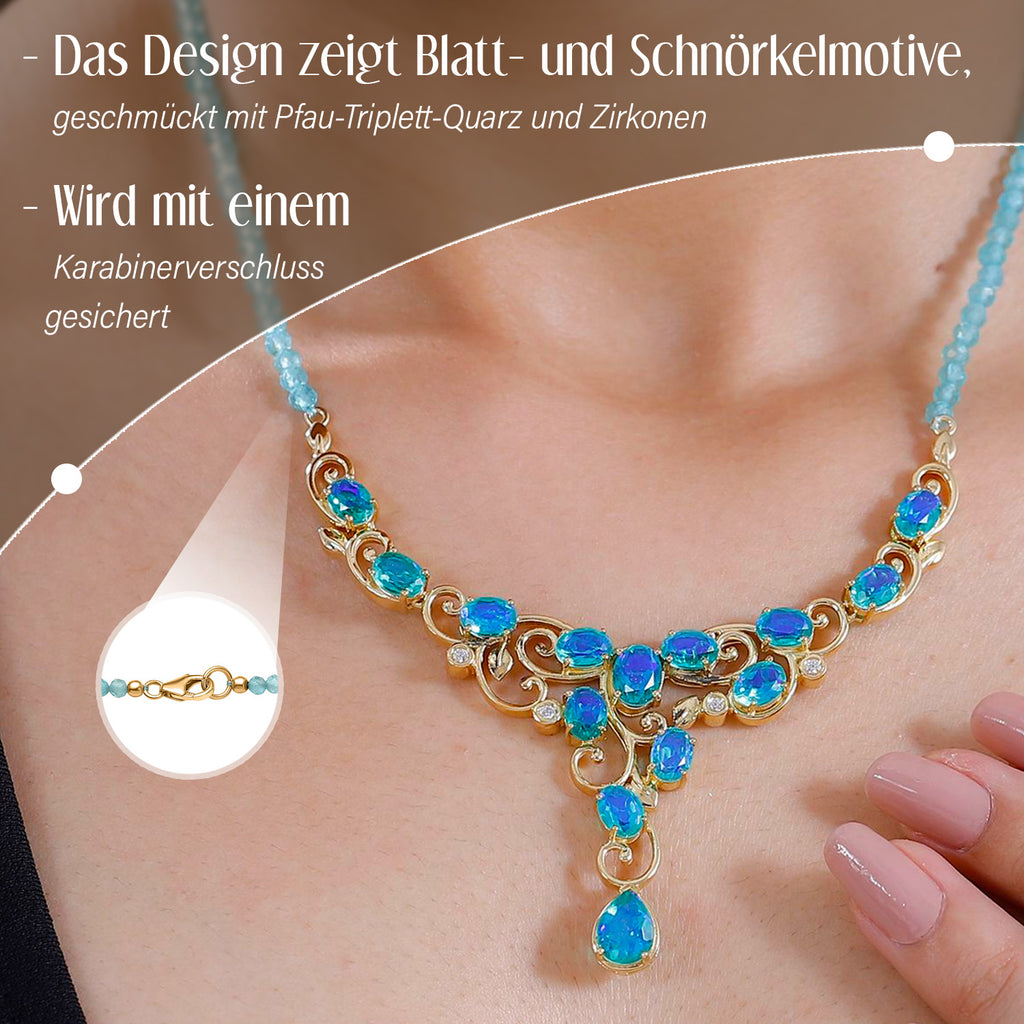 Pfau Quarz Triplette Halskette ca. 45 cm 925 Silber 750 Gelbgold Vermeil ca. 57,03 ct.