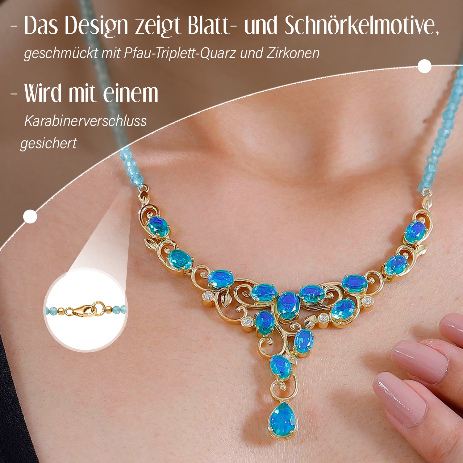 Pfau Quarz Triplette Halskette ca. 45 cm 925 Silber 750 Gelbgold Vermeil ca. 57,03 ct.