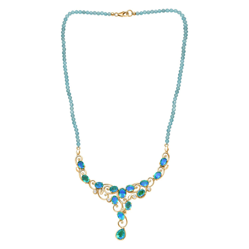 Pfau Quarz Triplette Halskette ca. 45 cm 925 Silber 750 Gelbgold Vermeil ca. 57,03 ct.