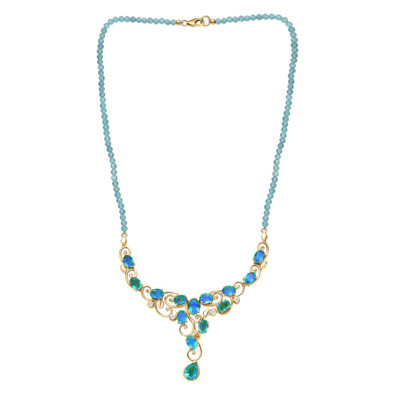Pfau Quarz Triplette Halskette ca. 45 cm 925 Silber 750 Gelbgold Vermeil ca. 57,03 ct.