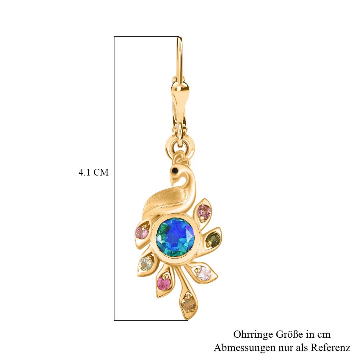 Pfau Quarz Triplette, Mehrfarbig-Turmalin Ohrringe 925 Silber 750 Gelbgold Vermeil ca. 2.11 ct