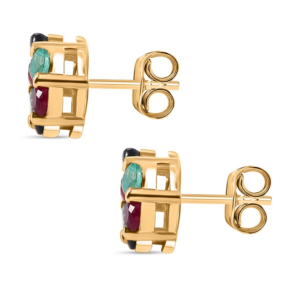 Thailändischer Rubin , Kanchanaburi Blaue Saphir und Kagem Sambischer Smaragd Ohrringe, 925 Silber 750 Gelbgold Vermeil ca. 0.94 ct