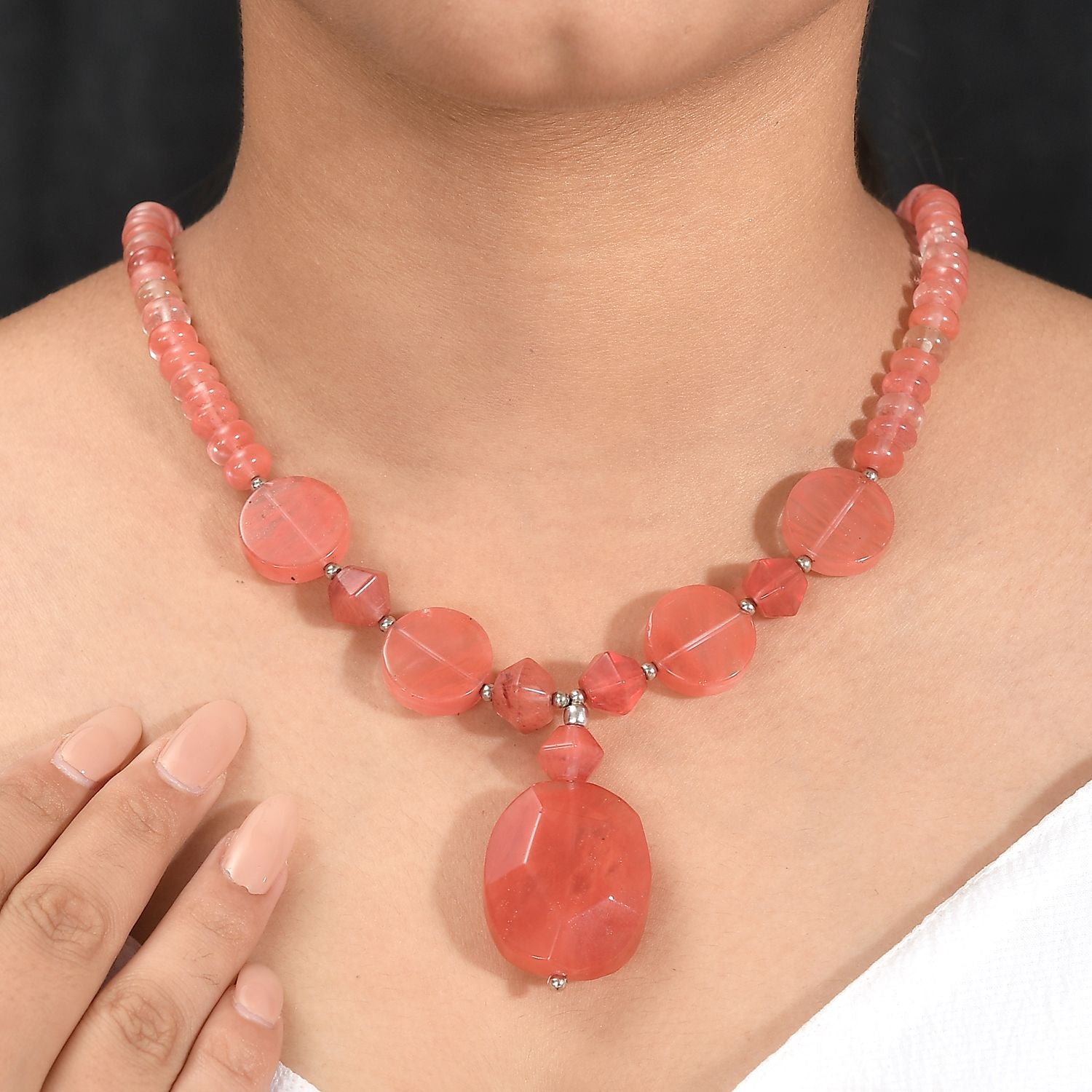 Erdbeer Quarz Halskette ca. 50 cm Messing platiniert ca. 280.04 ct
