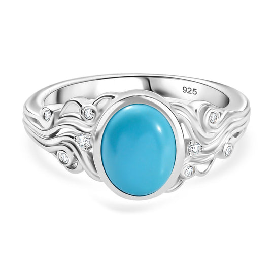 Umarmung des Ozeans AA Amerikanischer, natürlicher Sleeping Beauty Türkis, Weißer Zirkon Ring 925 Silber rhodiniert (Größe 21.00) ca. 1.52 ct