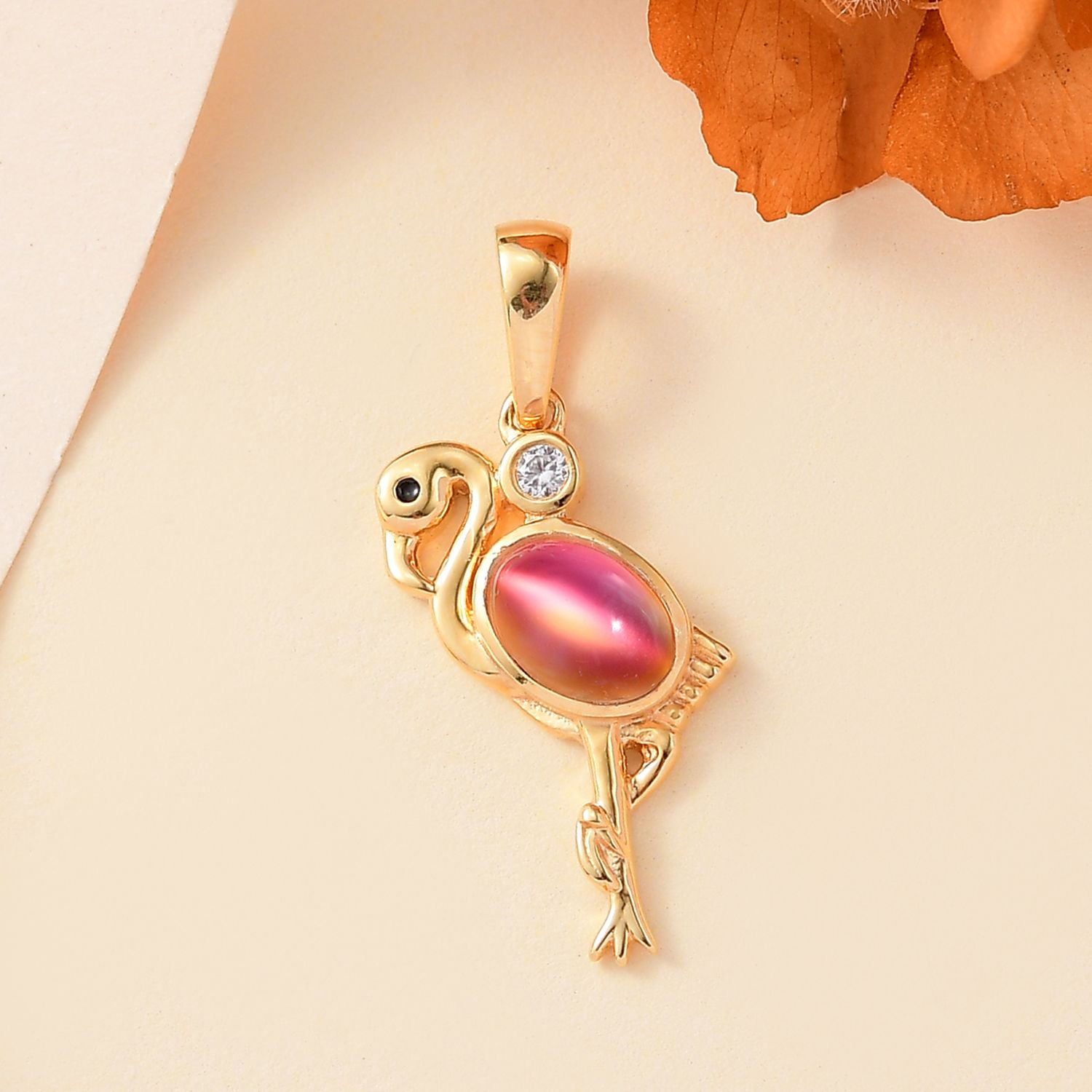 Flamingo Mondstein, Weißer Zirkon Anhänger 925 Silber vergoldet ca. 0,97 ct.