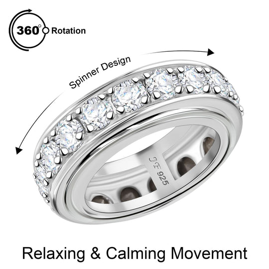 Weißer Kristall Spinning-Ring, 925 Silber rhodiniert (Größe 19.00) 3.40 ct