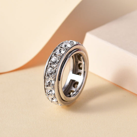 Weißer Kristall Spinning-Ring, 925 Silber rhodiniert (Größe 19.00) 3.40 ct